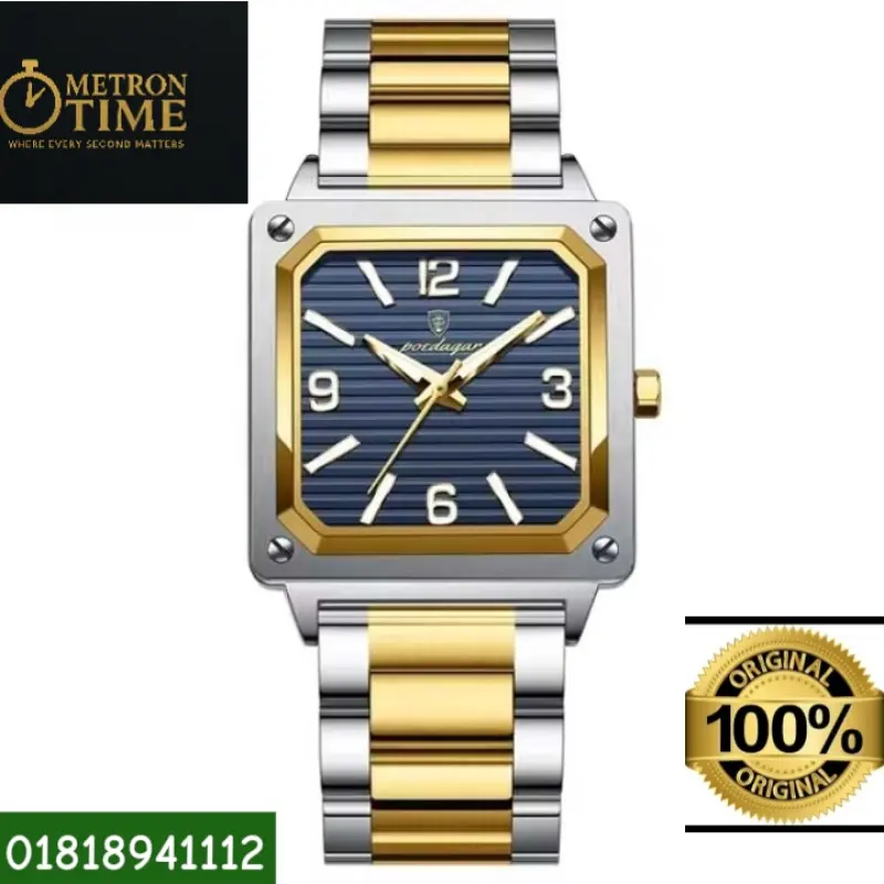 POEDAGAR Luxury Military Men’s Square Quartz Wristwatch – 100% Waterproof, Luminous Stainless Steel Watch